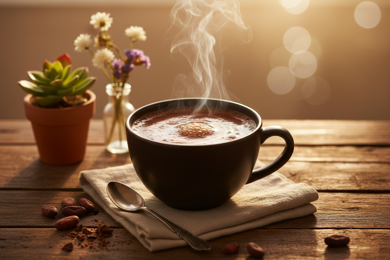 Create the image of a cup of hot chocolate stading in a table. The scene presents a closeup to the chocolate while rays of the morning song gently iluminates the siluoet of the cup. The wooden table has also other items that decorate the scene. The name of the image is "mindul chocolate".