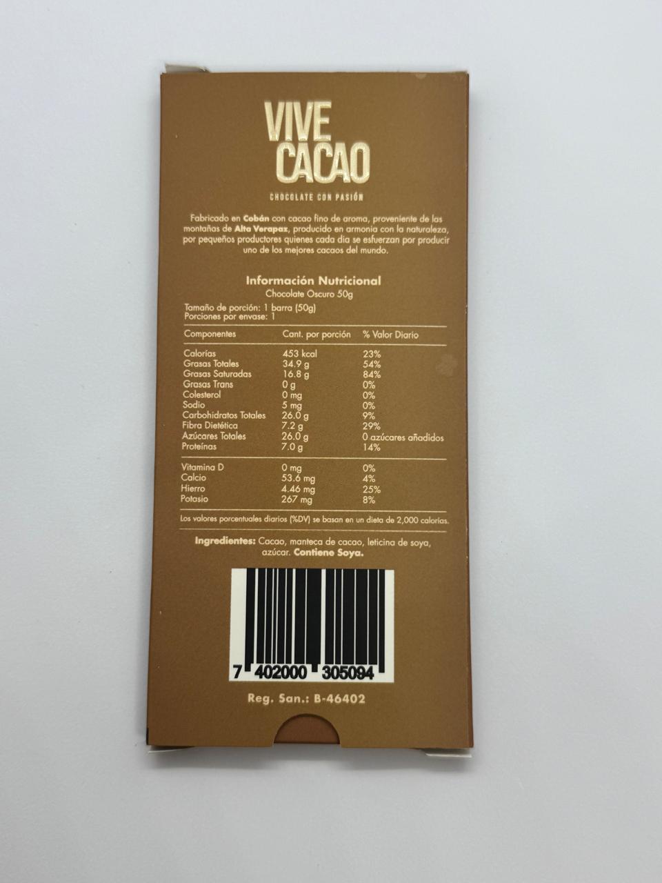 Vive Cacao 65% Dark Chocolate Bar - Single-Origin Guatemalan Highlands